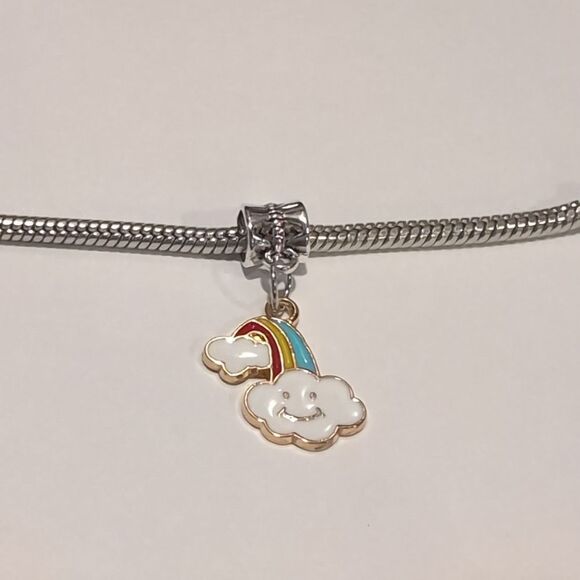 Silver Gold Rainbow Smiley Cloud Enameled Charm‎ for Pandora Style Bracelet - Picture 1 of 4